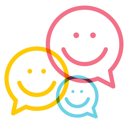 Three speech bubbles with smiling faces
