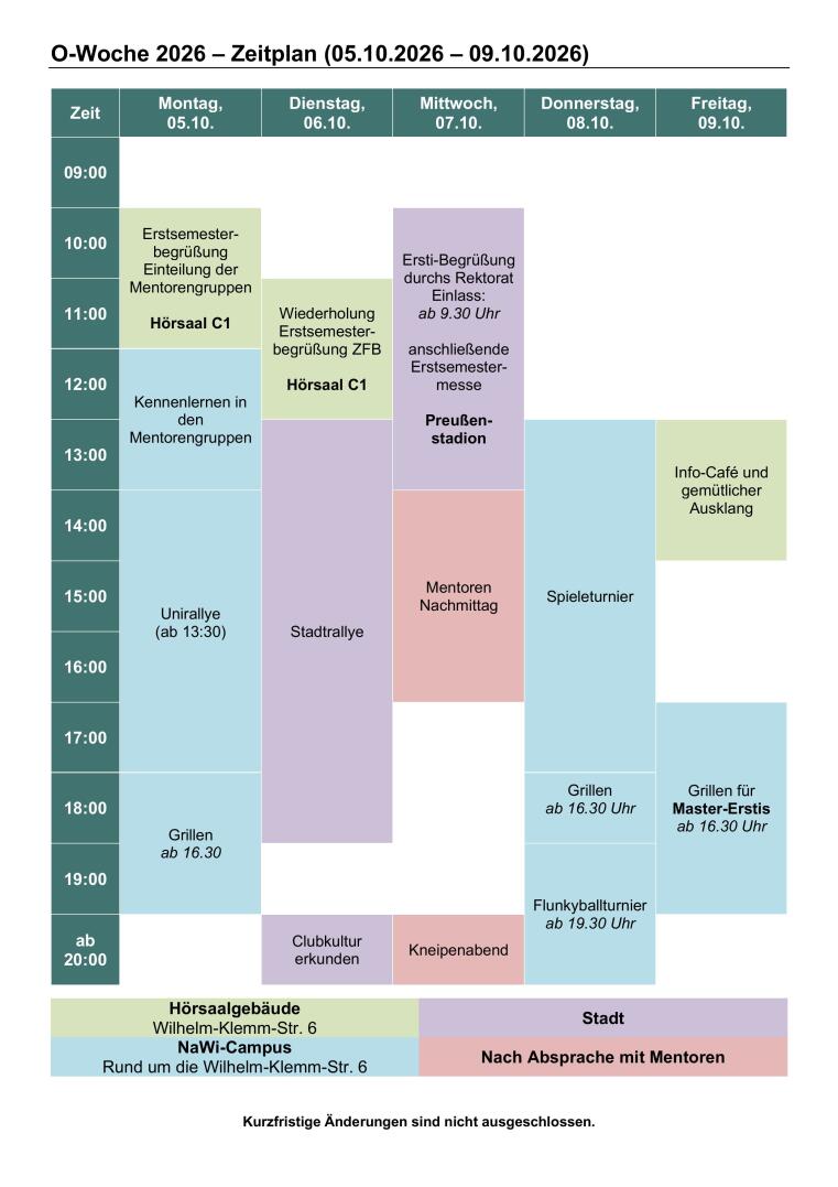 Hier wird der O-Wochenplan von 2026 angezeigt.