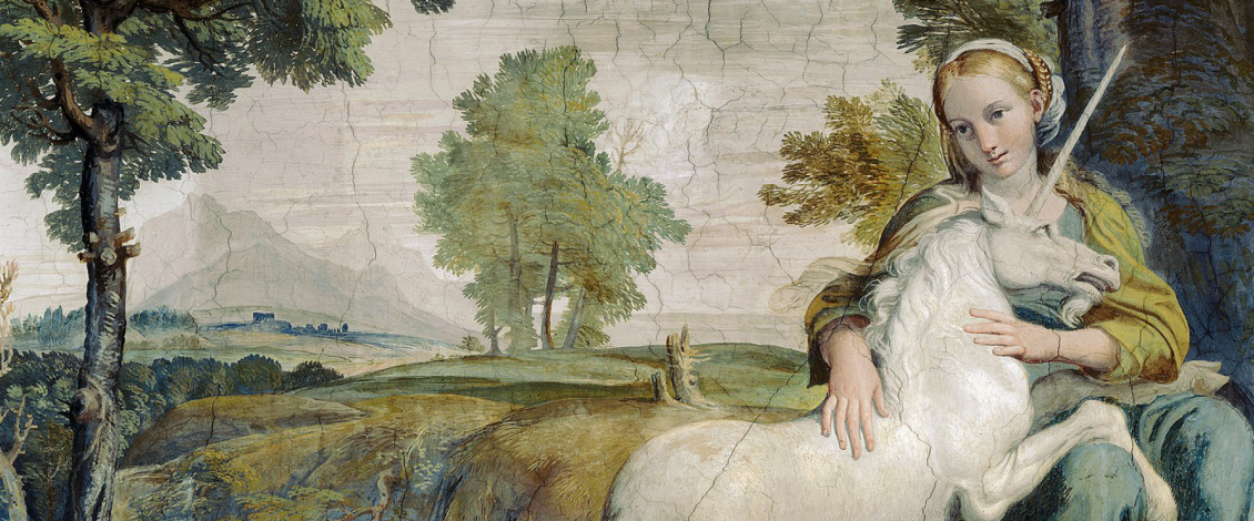 A painting depicting a young woman with a unicorn. The woman is sitting on a rock in a green landscape with trees and mountains in the background. She is wearing a yellow dress and a white headscarf. The unicorn is leaning against her.
