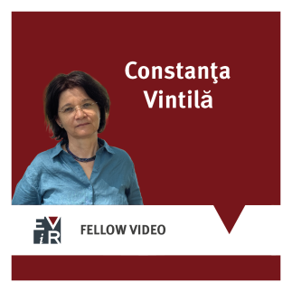 Grafik mit dunkelrotem Hintergrund und dem Porträt von Constanța Vintilă, einer Frau mit kurzem dunklem Haar und Brille in einem blauen Hemd. Oben steht „Constanța Vintilă“, unten „FELLOW VIDEO“ neben einem Logo.