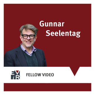 Grafik mit dunkelrotem Hintergrund und dem Porträt von Gunnar Seelentag, einem lächelnden Mann mit grauem Haar, Bart und schwarzer Brille im dunklen Sakko. Oben steht „Gunnar Seelentag“, unten „FELLOW VIDEO“ neben einem Logo.