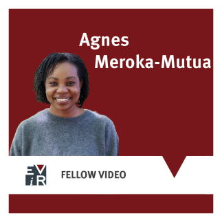 Grafik mit dunkelrotem Hintergrund und dem Porträt von Agnes Meroka-Mutua, einer lächelnden schwarzen Frau mit dunklen Locken und grauem Pullover. Oben steht „Agnes Meroka-Mutua“, unten „FELLOW VIDEO“ neben einem Logo.
