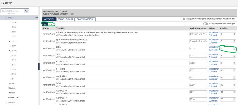 Screenshot Navigationseinstellungen Jahresordner