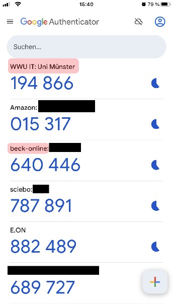 Screenshot Google Authenticator; die OTP der "WWU IT: Uni Münster" und von "beck-online" sind markiert.