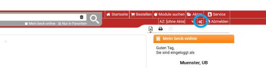 Screenshot der Seite "beck-online.de". Das Symbol (drei Zahnräder) neben dem Button betitelt "Abmelden" ist umrandet.