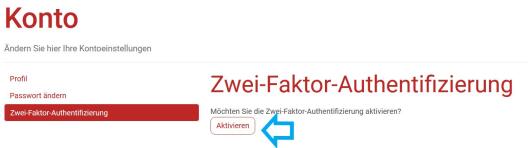 Screenshot der Seite "beck-online.de" insb. "Kontoeinstellungen - Zwei-Faktor-Authentifizierung". Ein pfeil zeigt auf den Button "Aktivieren".