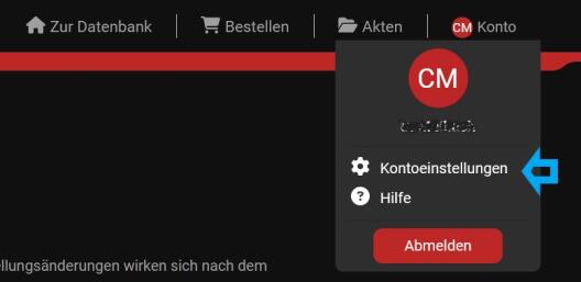 Screenshot der Seite "beck-online.de" insb. "Konto". Ein Pfeil zeigt auf den Button "Kontoeinstellungen".