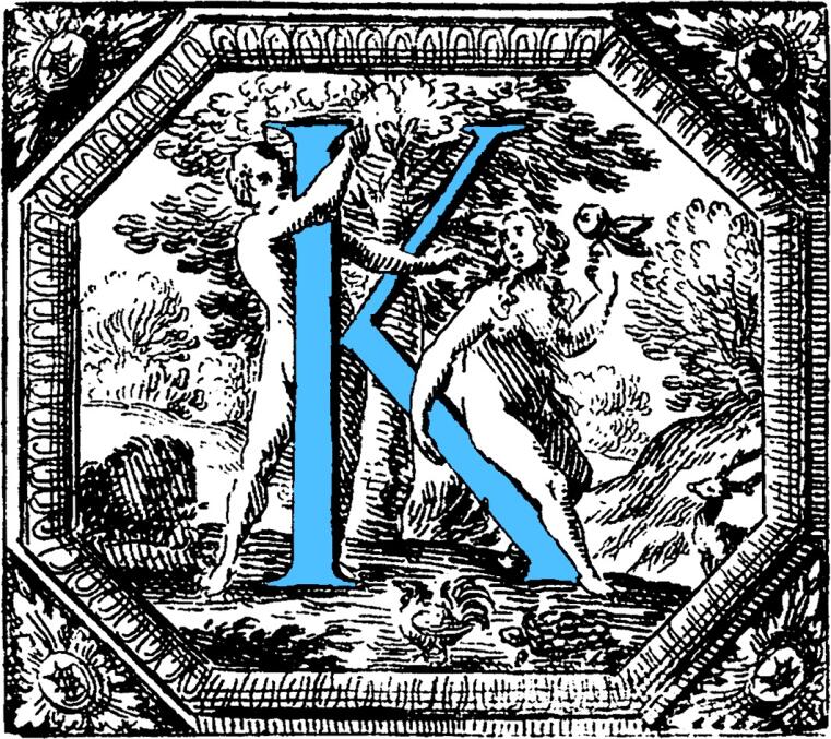 Historiated decorative initial capital letter K in Blue