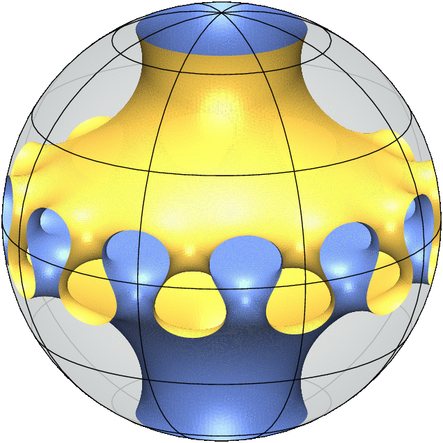Simulation of a pair of free boundary minimal surfaces with the same topology and symmetry group.