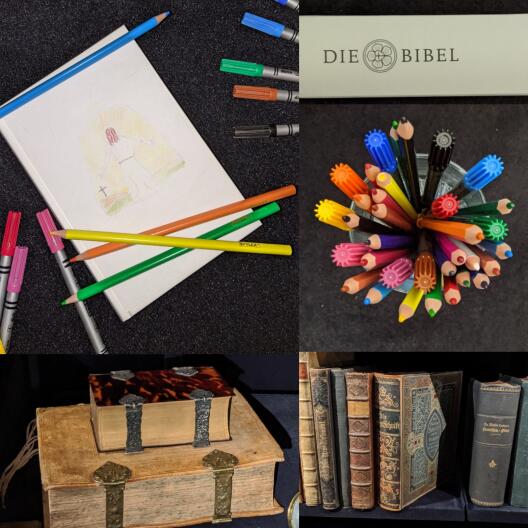 Bunte Stifte und historische Bibeln als Inspiration