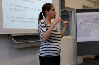 Eva Hänsel, presenting at the Workshop on Language Attitude Research in the Caribbean in Münster in 2018