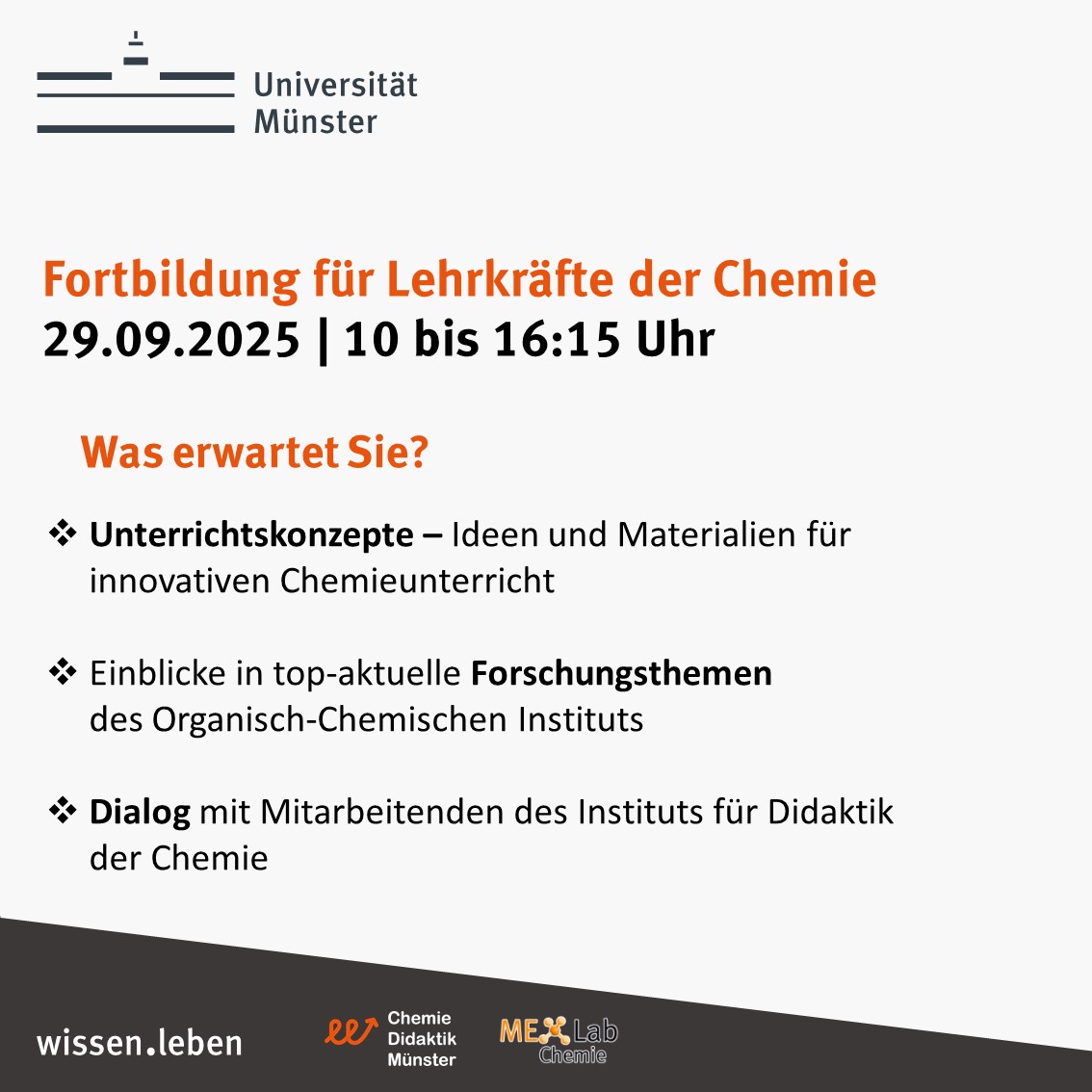 Die Fortbildung für Lehrkräfte der Chemie findet am 29.09.2025 statt.