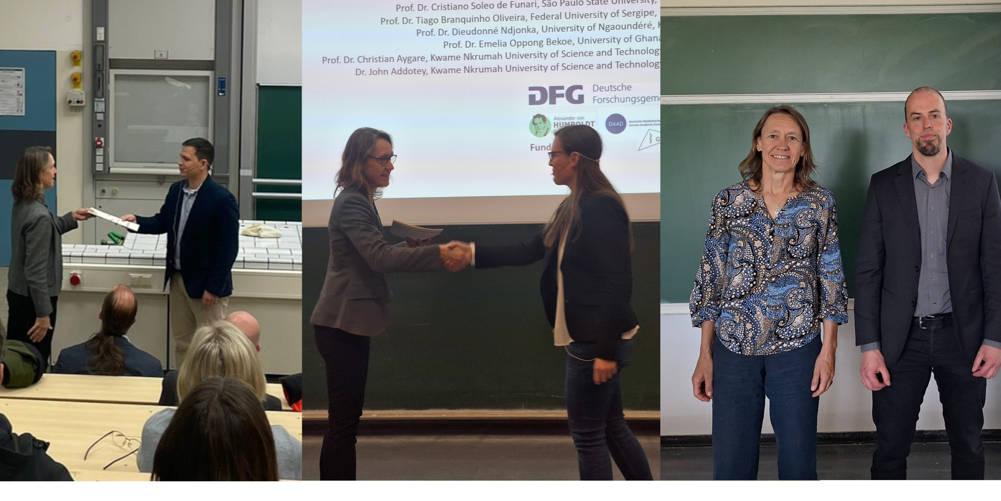 Die Dekanin des Fachbereichs gratuliert die drei hablitierten Forscher*innen.