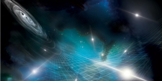 Astrophysikerinnen und Astrophysiker des NANOGrav-Konsortiums haben erstmals überzeugende Hinweise auf Gravitationswellen bei sehr niedrigen Frequenzen gefunden. Die künstlerische Darstellung zeigt, wie eine Reihe von Pulsaren von Gravitationswellen beeinflusst werden, die von einem Paar supermassiver Schwarzer Löcher aus einer entfernten Galaxie stammen. 