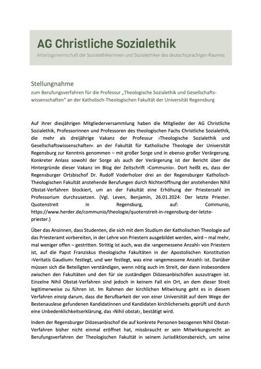 Stellungnahme der AG Christliche Sozialethik zum Berufungsverfahren für die Professur „Theologische Sozialethik und Gesellschaftswissenschaften“ an der Katholisch-Theologischen Fakultät der Universität Regensburg