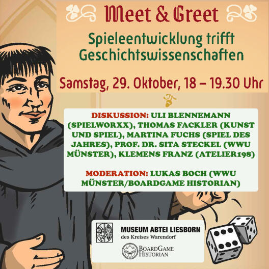 Plakat Meet & Greet mit Informationen über Veranstaltungstitel, -ort und -teilnehmer:innen