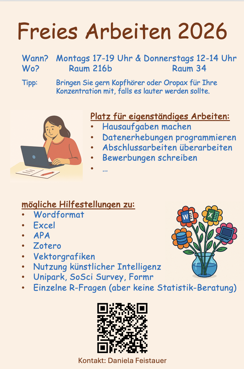 Termine des Freien Arbeitens ab dem 19.10.2026 Mo 17-19 Uhr in Raum 216 b und Do 12-14 in Raum 34 - Anmeldung nicht erforderlich.