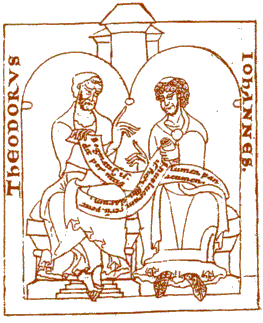 Der Grieche Theodor und der Ire Johannes im Gespräch - Paris, BN, Cod. lat. 6734, f. 3r (12. Jh.) 