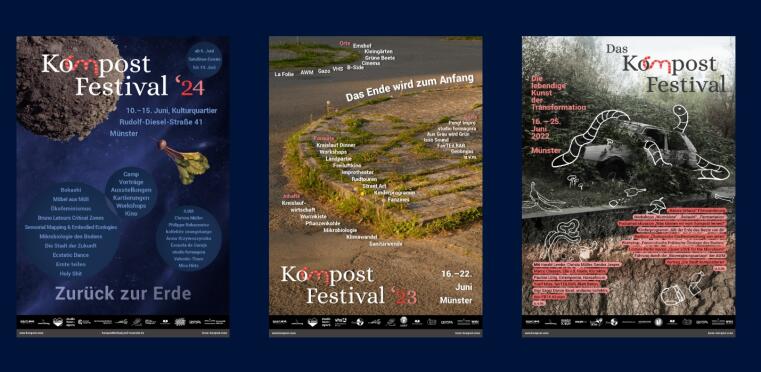 Drei Poster der Veranstaltungsankündigung (2022-2024) des Kompost Festivals.