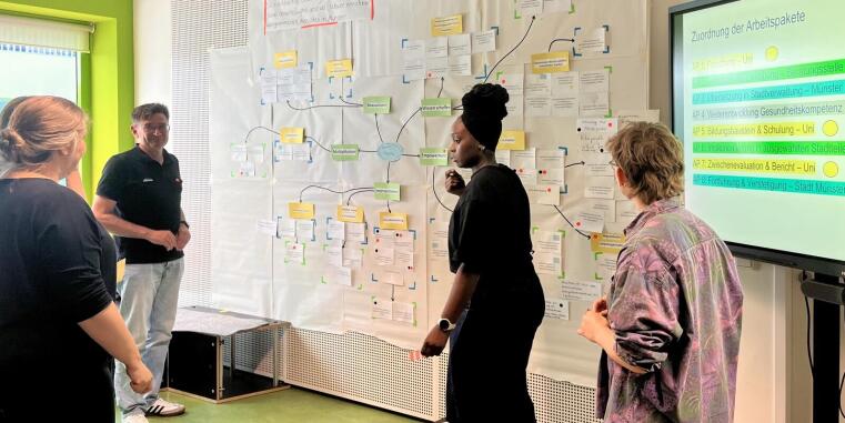 Workshop-Teilnehmende vor Board mit Moderationskarten