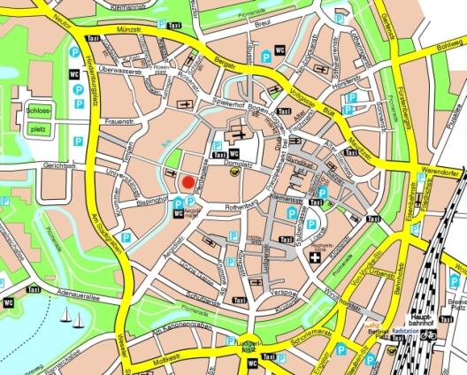 Stadtplan der Innenstadt Münsters mit Markierungspunkt auf dem Geomuseum