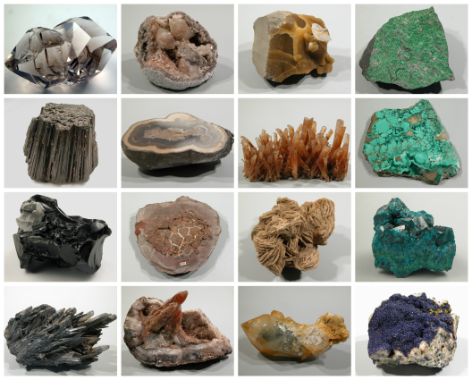 Beispiele kristallisierter Minerale in ihrer Farben- und Formenvielfalt