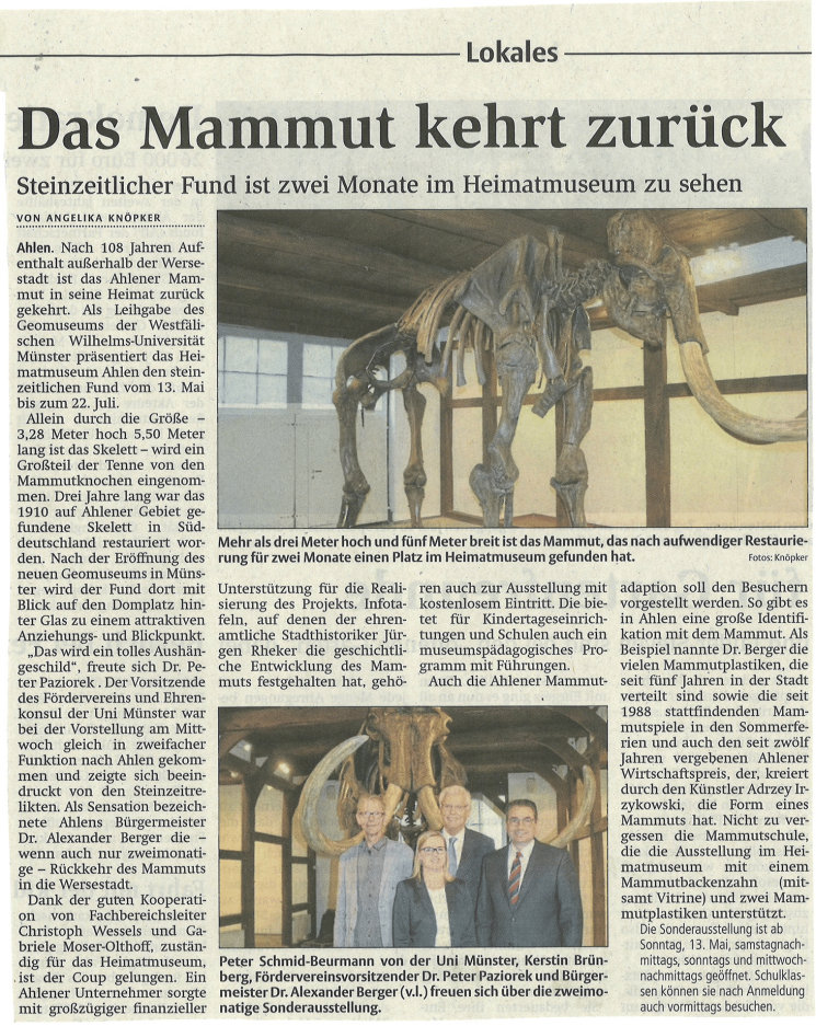 Zeitungsartikel zum "Besuch des Mammuts"