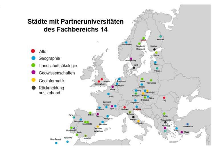 Die Europakarte zeigt die Städte mit den Partneruniversitäten des Fachbereichs 14 Geowissenschaften der WWU Münster.