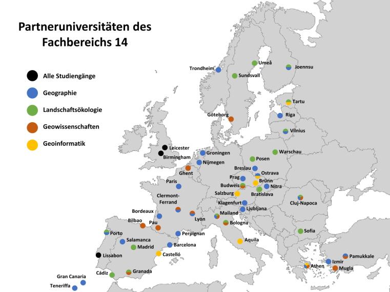 Die Europakarte zeigt die Städte mit den Partneruniversitäten des Fachbereichs 14 Geowissenschaften der Uni Münster.