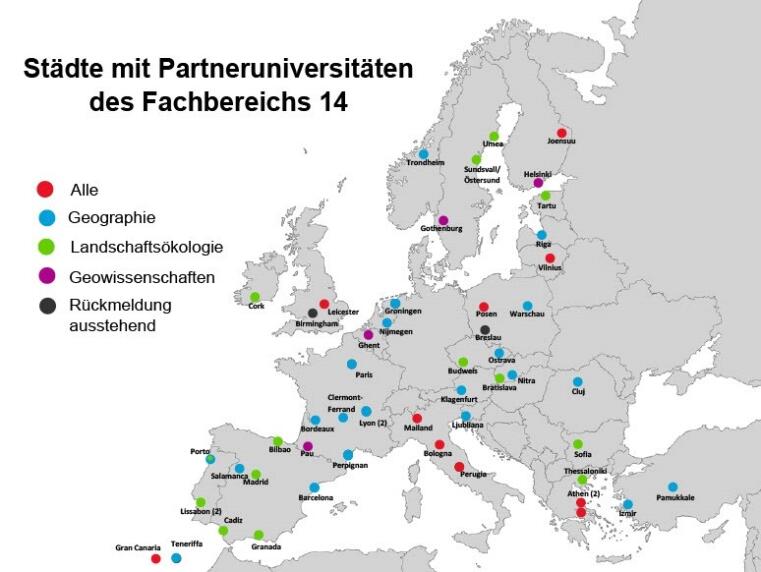 Die Europakarte zeigt die Städte mit den Partneruniversitäten des Fachbereichs 14 Geowissenschaften der WWU Münster.