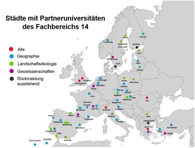 Die Europakarte zeigt die Städte mit den Partneruniversitäten des Fachbereichs 14 Geowissenschaften der WWU Münster.