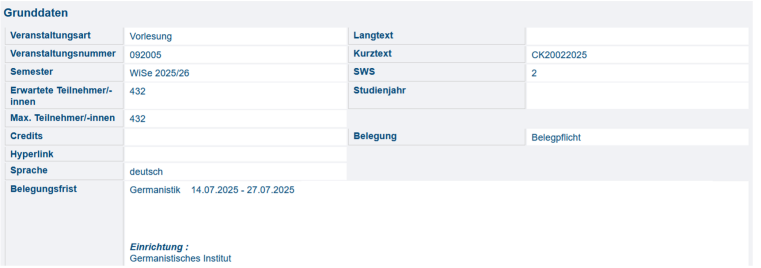 Screenshot einer Lehrveranstaltung aus dem HISLSF 