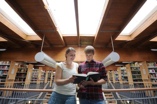 Zwei Studierende in der Bibliothek