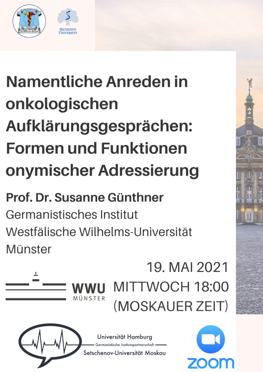 Plakat zu "Namentliche Anrede in onkologischen Aufklärungsgesprächen: Formen und Funktionen onymischer Adressierung" vom 19.Mai 2021