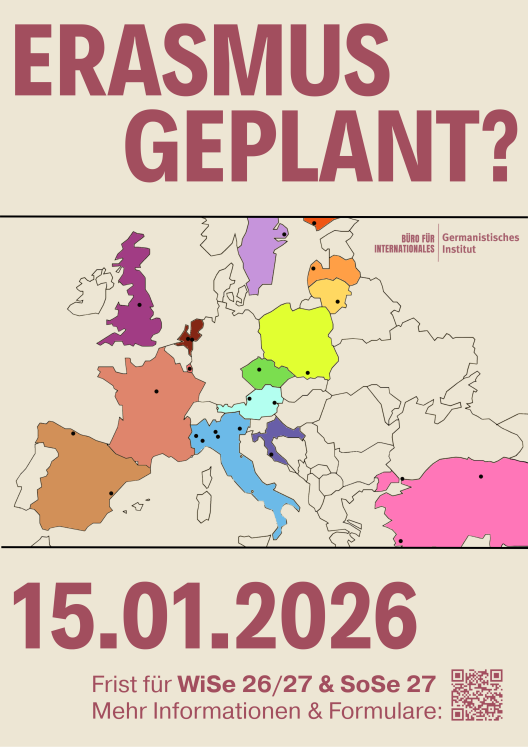 Poster, das auf das Fristende für ERASMUS-Bewerbungen hinweist. Das Ende der Frist ist der 15.01.2026. Illustriert wird das Poster durch eine Landkarte mit allen ERASMUS-Partneruniversitäten in verschiedenen Farben.