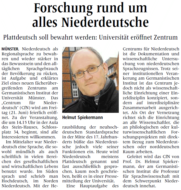 Zeitungsartikel "Forschung rund um alles Niederdeutsche"