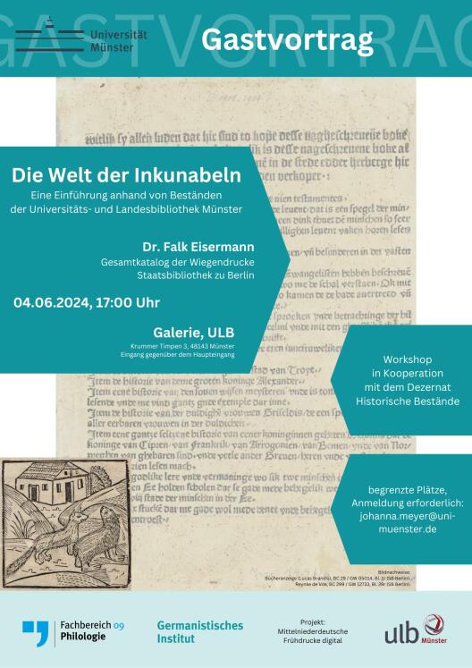 Gastvortrag von Dr. Falk Eisermann: Die Welt der Inkunabeln. Eine Einführung anhand von Beständen der Universitäts- und Landesbibliothek Münster. 04.06.2024, 17:00 Uhr (Galerie, ULB)