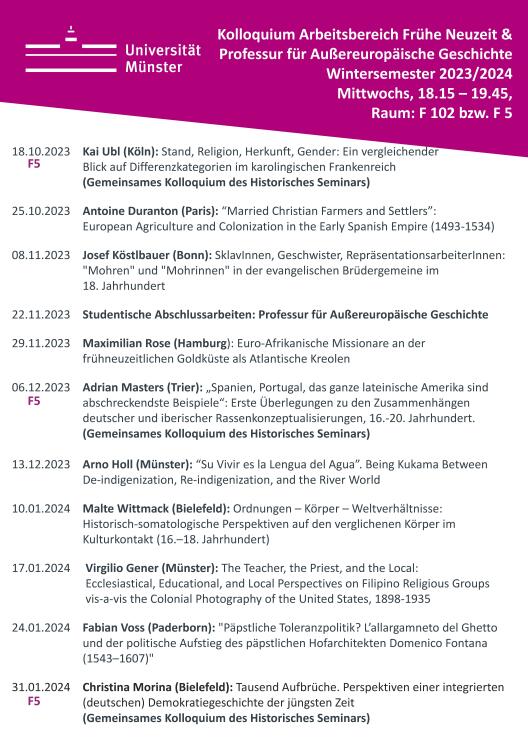 Programm zum gemeinsamen Forschungskolloquium des Historischen Seminars