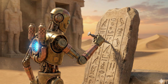 Ein Roboter meißelt Hieroglyphen in einen Stein