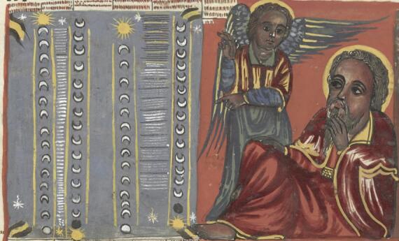 Der Erzengel Uriel lehrt Henoch die Astronomie. Aus der Sammlung der British Library, MS Or 790, fol. 9r (Fragment/Detailansicht)