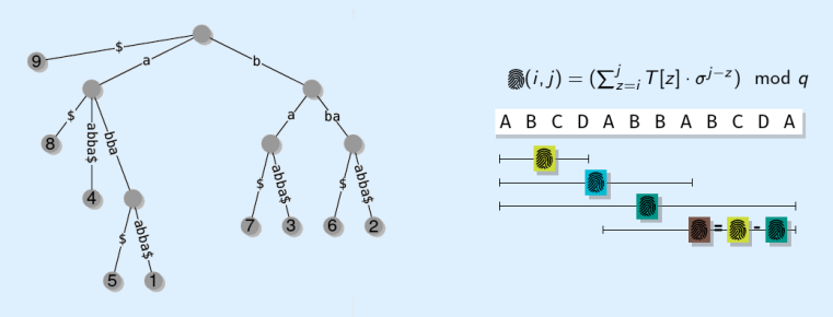 Teaser-Bild der AG "Algorithmen und Datenstrukturen". Gezeigt wird ein Trie und Fingerprints eines Textes.