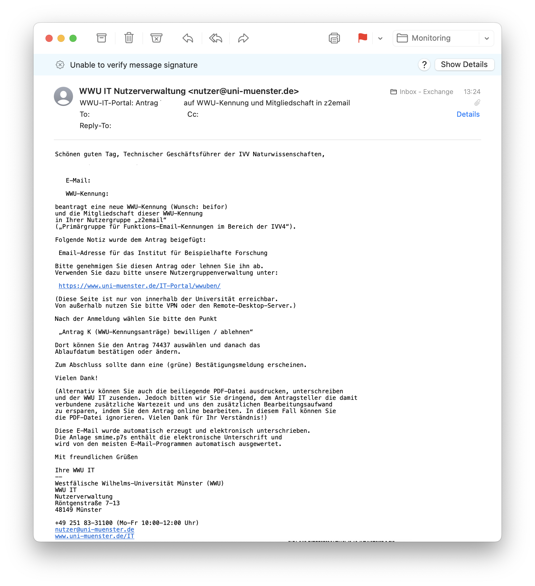 Copy of the application by email