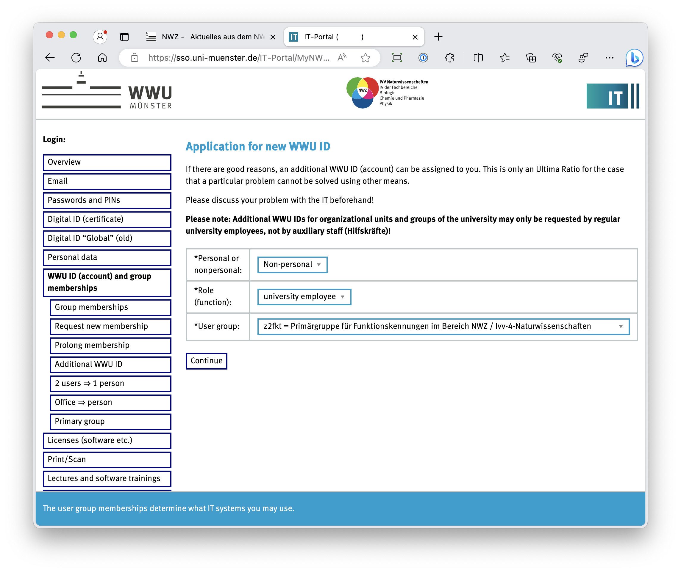 Request for additional non-personal WWU account for university members in z2fkt