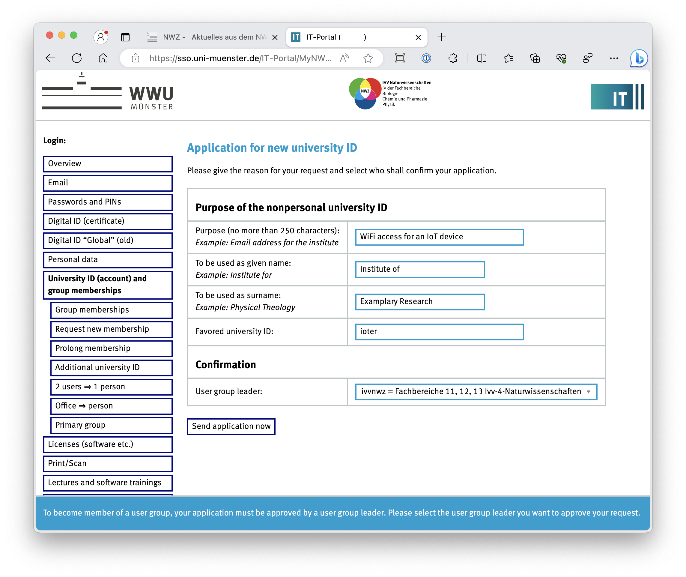 Purpose and Confirmation of the application for a new non-personal WWU ID