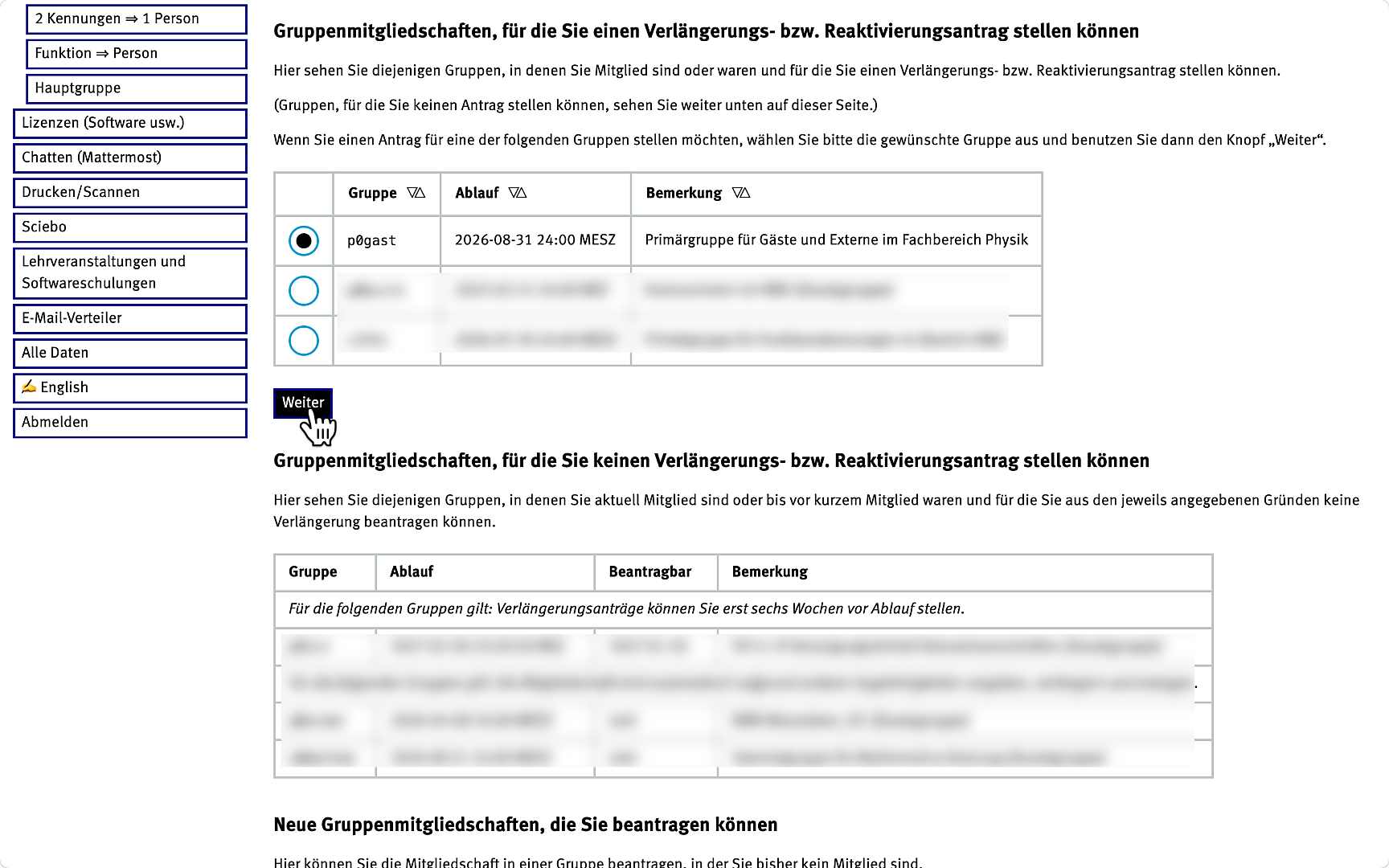 Gruppenmitgliedschaften, für die Sie einen Verlängerungs- bzw. Reaktivierungsantrag stellen können