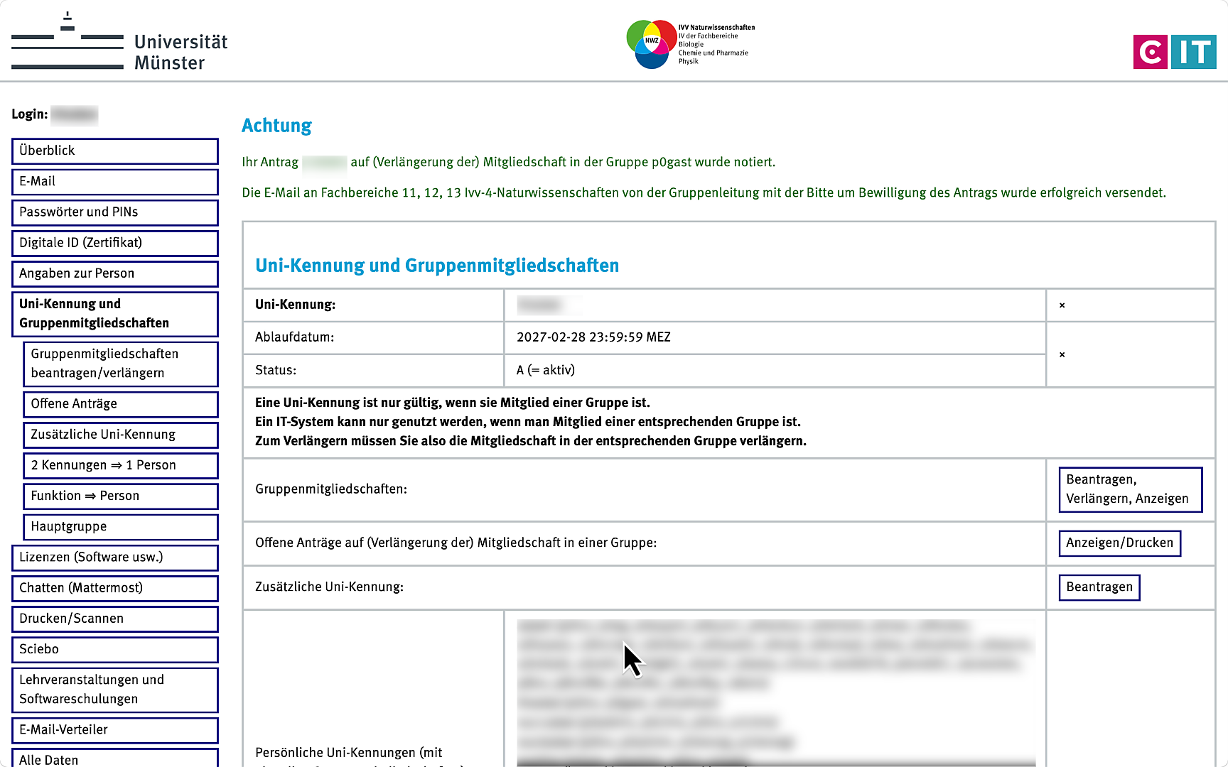 Antrag auf (Verlängerung der) Mitgliedschaft wurde notiert