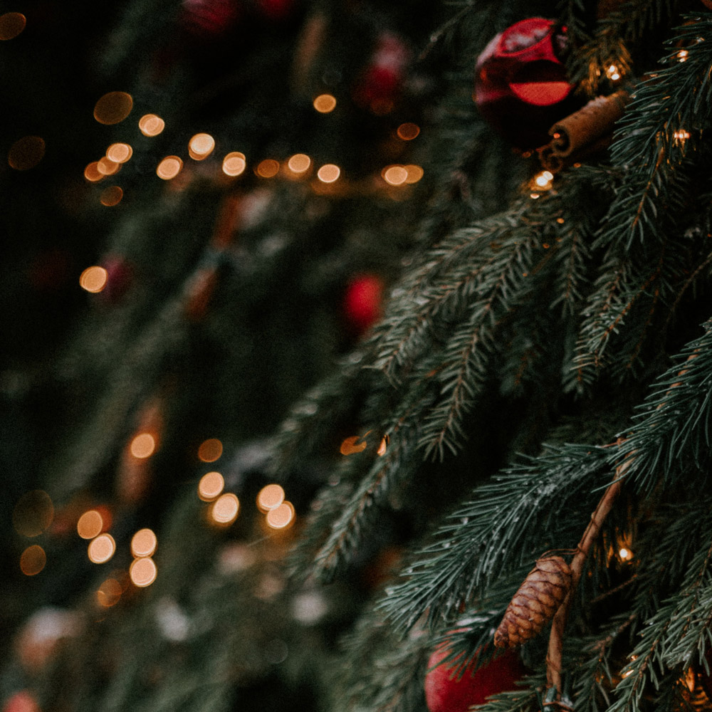 Im Vordergrund Tannnengrün mit roten Weihnachtskugeln, im Hintergrund unscharfe Lichter