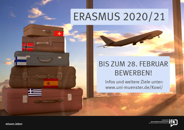 Koffer an einem Flughafen mit dem Schriftzug Erasmus 2020/21