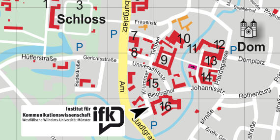 Lageplan der Universitätsgebäude, das IfK ist mit einem Pfeil gekennzeichnet. 