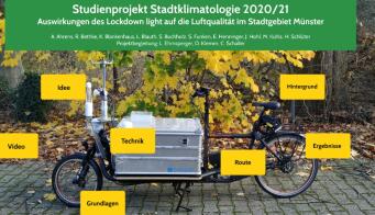 Startseite des Studienprojekts: zu sehen ist das Lastenrad mit Messtechnik im Hintergrund, sowie die Menüpunkte im Vordergrund.